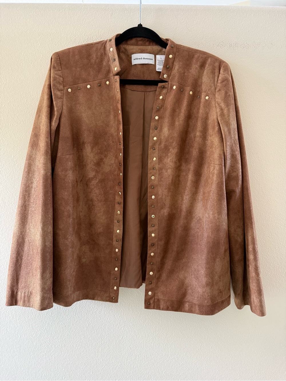 Alfred Dunner Tan/Brown Suede-Style Open Front Jacket with Gold Studs